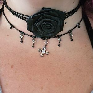 Black Beaded cross & rose choker